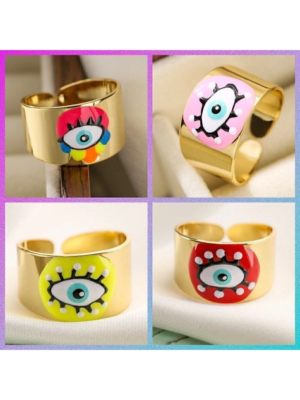 Boho Evil Eye Enamel and Copper Adjustable Ring #1300 NEON GREEN - Picture 8 of 14